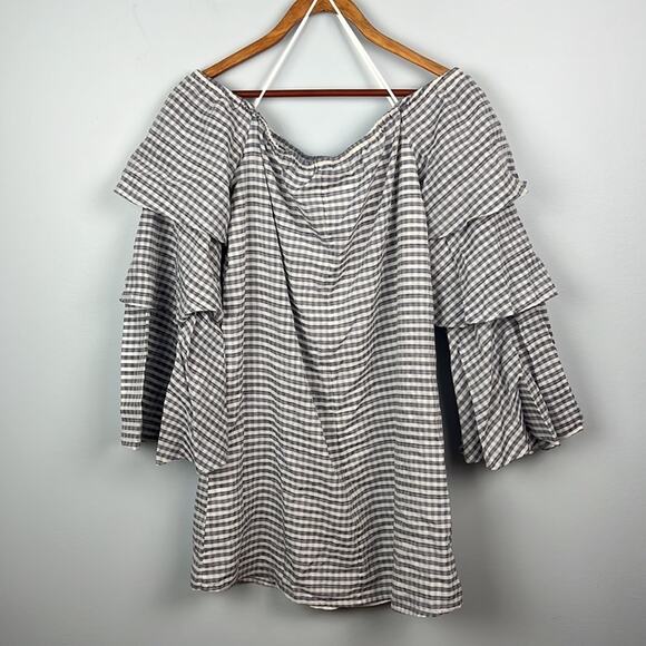 Wayf medium tiered sleeve gingham check off shoulder top - Picture 9 of 9